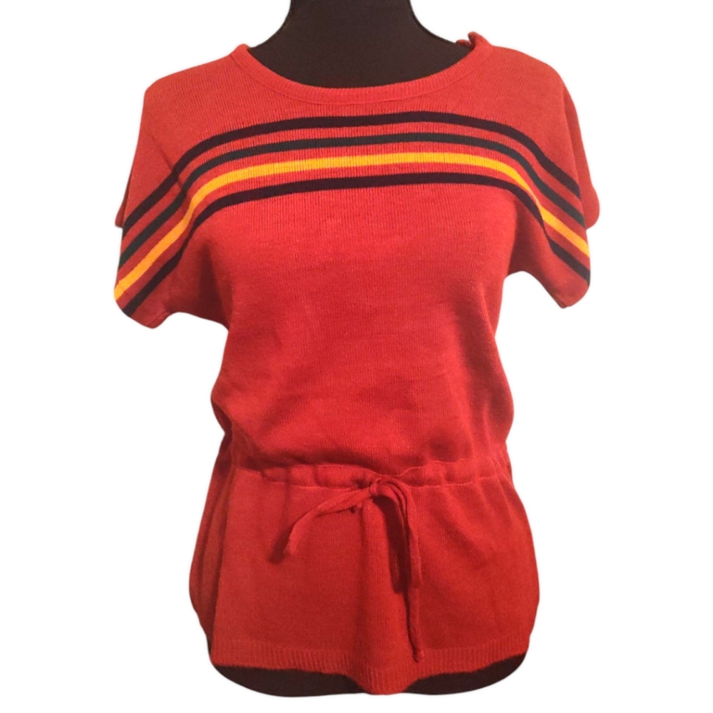 Red Striped Short-Sleeve Knit Top with Waist Tie